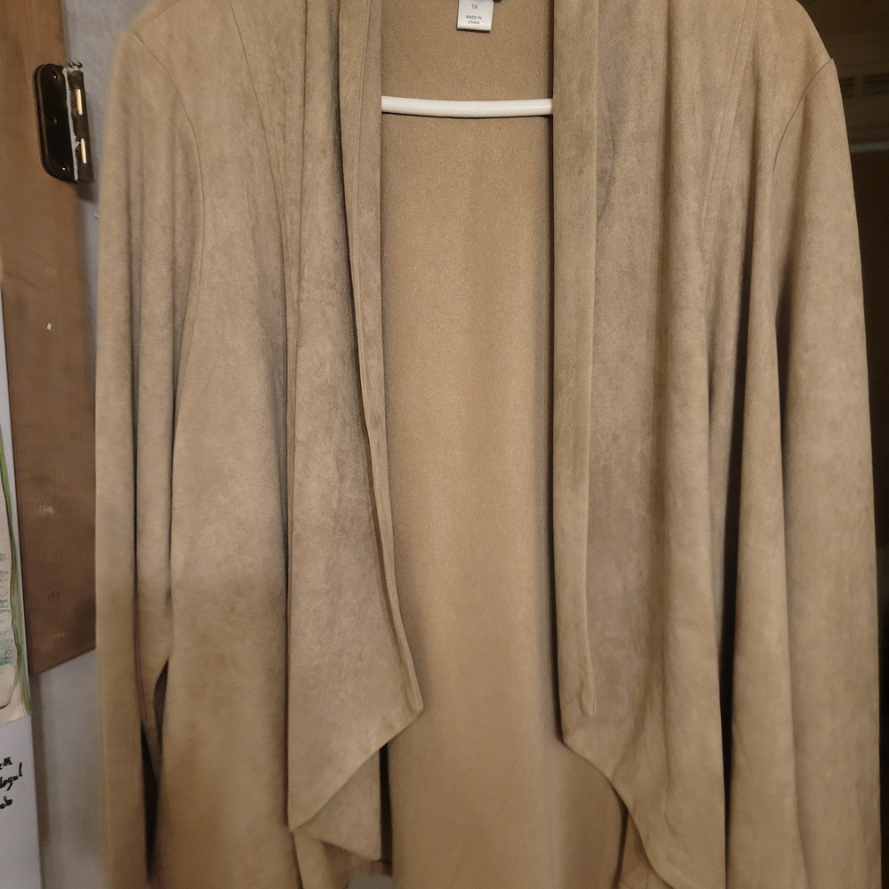 CJ Banks Tan Open Front Cardigan